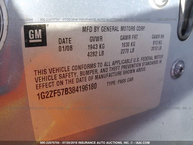 1G2ZF57B384196180 - 2008 PONTIAC G6 VALUE LEADER/BASE Light Blue photo 9