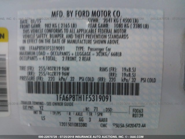 1FA6P8TH1F5319091 - 2015 FORD MUSTANG WHITE photo 9