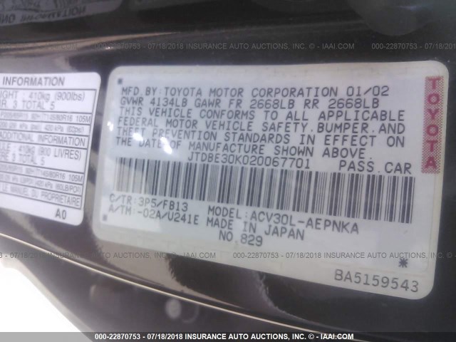 JTDBE30K020067701 - 2002 TOYOTA CAMRY LE/XLE/SE Mavi foto 9