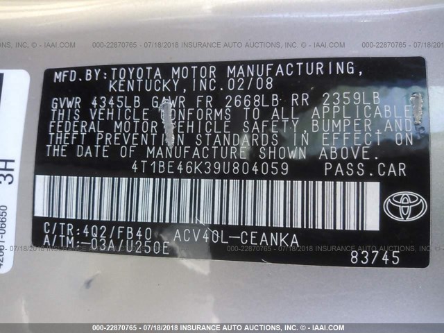 4T1BE46K39U804059 - 2009 TOYOTA CAMRY SE/LE/XLE ოქროსფერი ფოტო 9