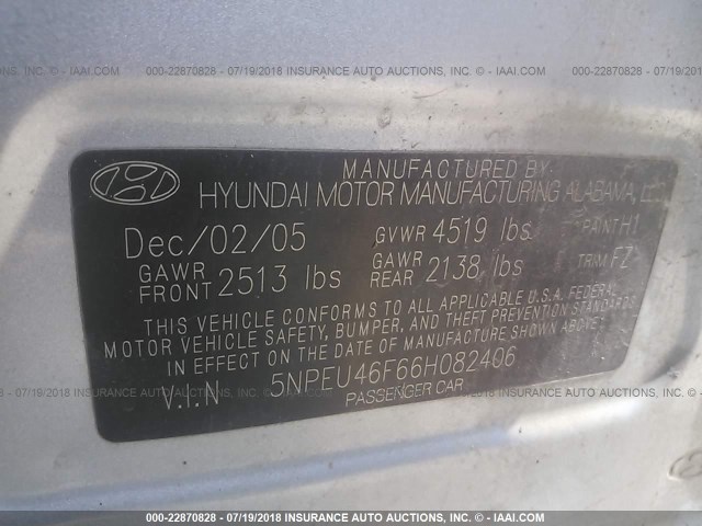 5NPEU46F66H082406 - 2006 HYUNDAI SONATA GLS/LX BLUE photo 9