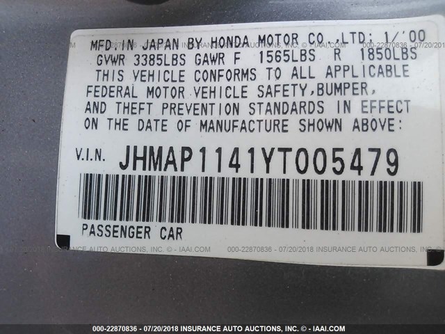 JHMAP1141YT005479 - 2000 HONDA S2000 SILVER photo 9