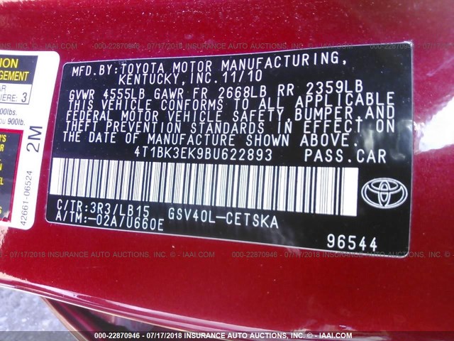 4T1BK3EK9BU622893 - 2011 TOYOTA CAMRY SE/LE/XLE BURGUNDY photo 9