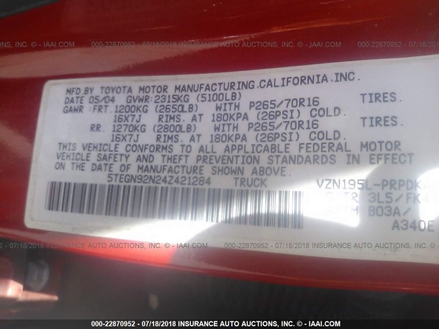 5TEGN92N24Z421284 - 2004 TOYOTA TACOMA DOUBLE CAB PRERUNNER RED photo 9