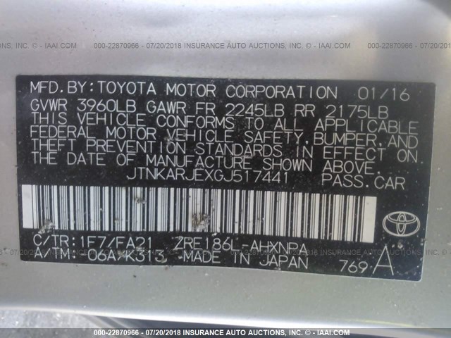 JTNKARJEXGJ517441 - 2016 TOYOTA SCION IM SILVER photo 9