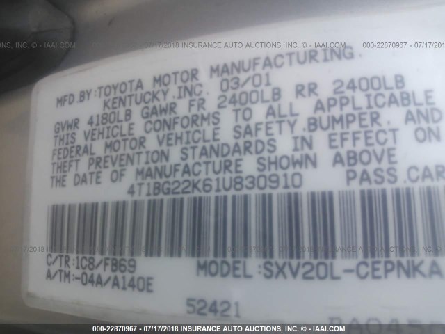 4T1BG22K61U830910 - 2001 TOYOTA CAMRY CE/LE/XLE 金色 照片 9