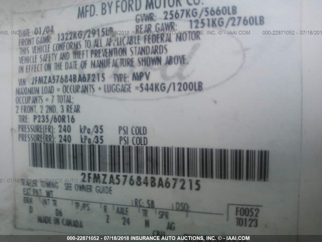 2FMZA57684BA67215 - 2004 FORD FREESTAR SES WHITE photo 9