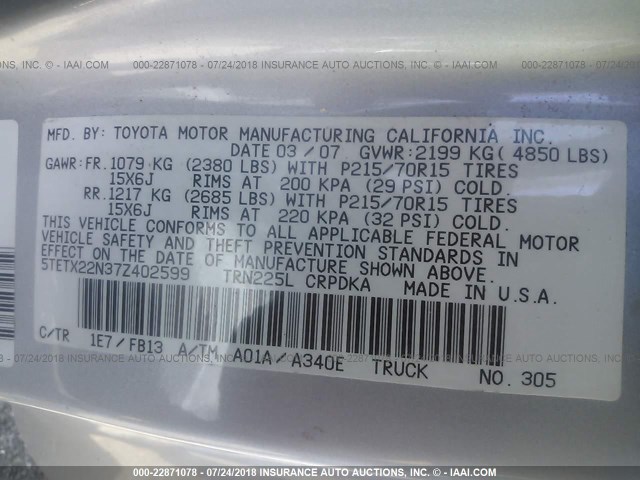 5TETX22N37Z402599 - 2007 TOYOTA TACOMA ACCESS CAB Silber Foto 9