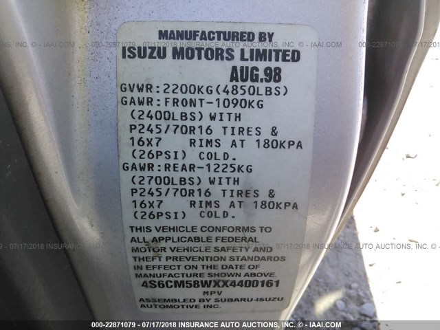 4S6CM58WXX4400161 - 1999 HONDA PASSPORT EX/LX 银色 照片 9