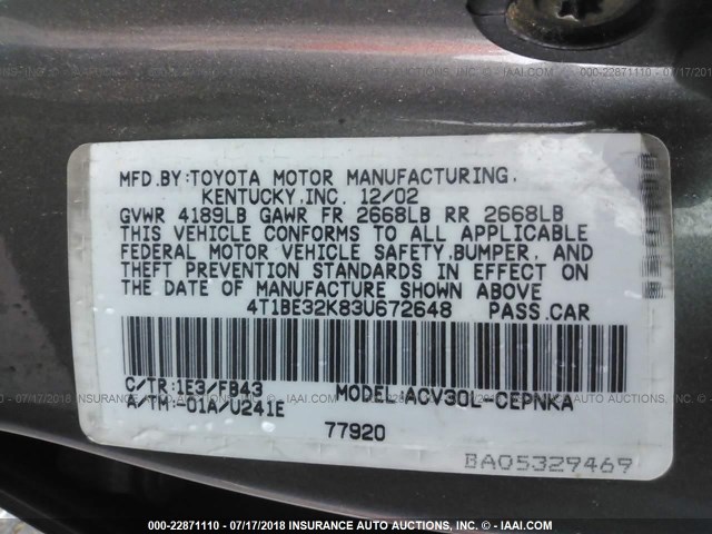 4T1BE32K83U672648 - 2003 TOYOTA CAMRY LE/XLE/SE 灰色 照片 9