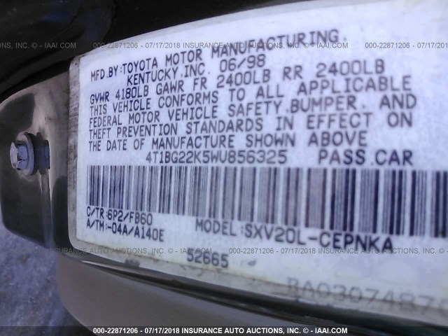 4T1BG22K5WU856325 - 1998 TOYOTA CAMRY CE/LE/XLE GREEN photo 9