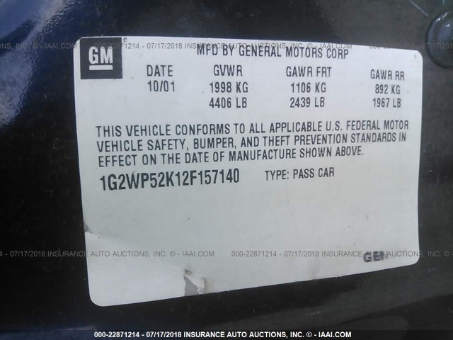 1G2WP52K12F157140 - 2002 PONTIAC GRAND PRIX GT BLUE photo 9