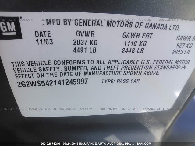 2G2WS542141245997 - 2004 PONTIAC GRAND PRIX GT2 ნაცრისფერი ფოტო 9