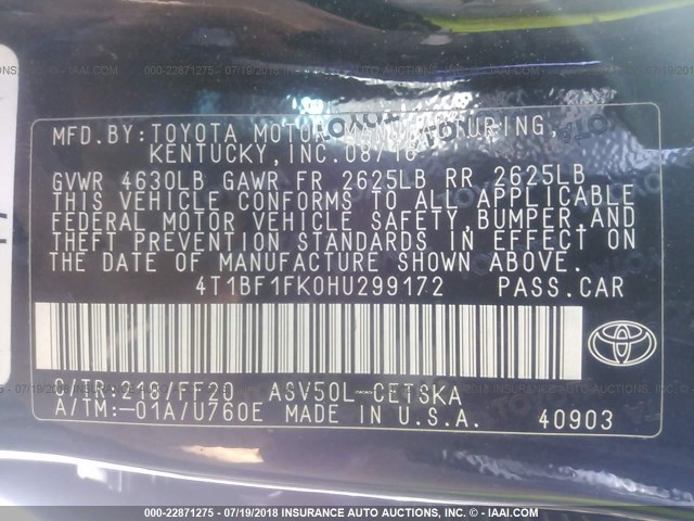 4T1BF1FK0HU299172 - 2017 TOYOTA CAMRY LE/XLE/SE/XSE BLACK photo 9