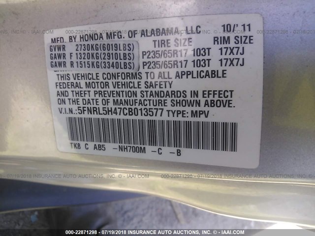 5FNRL5H47CB013577 - 2012 HONDA ODYSSEY EX SILVER photo 9