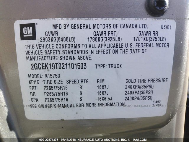 2GCEK19T021101503 - 2002 CHEVROLET SILVERADO K1500 GRAY photo 9