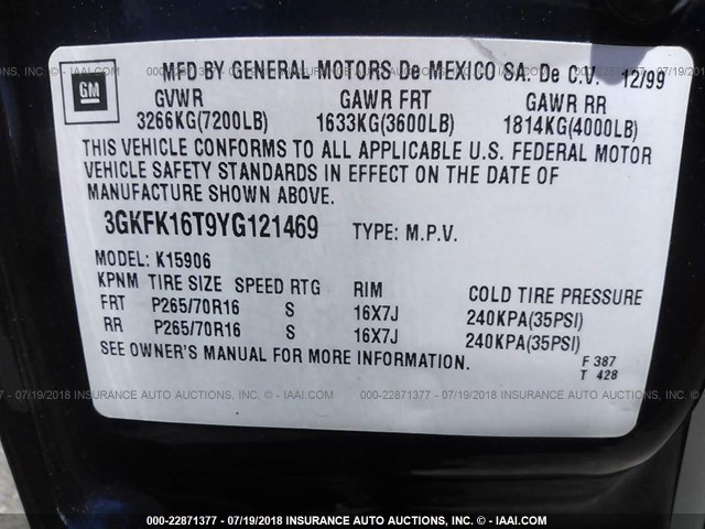 3GKFK16T9YG121469 - 2000 GMC YUKON XL K1500 Dark Brown photo 9