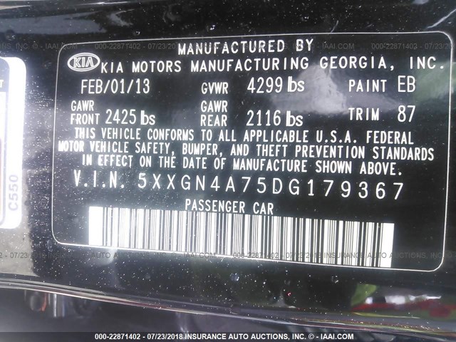 5XXGN4A75DG179367 - 2013 KIA OPTIMA EX BLACK photo 9