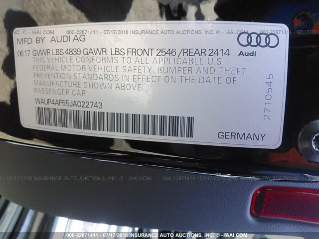 WAUP4AF55JA022743 - 2018 AUDI S5 PREMIUM PLUS BLACK photo 9