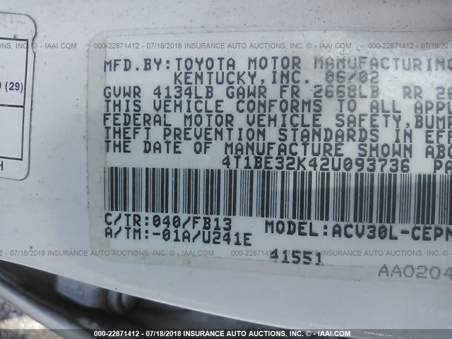 4T1BE32K42U093736 - 2002 TOYOTA CAMRY LE/XLE/SE 白色 照片 9