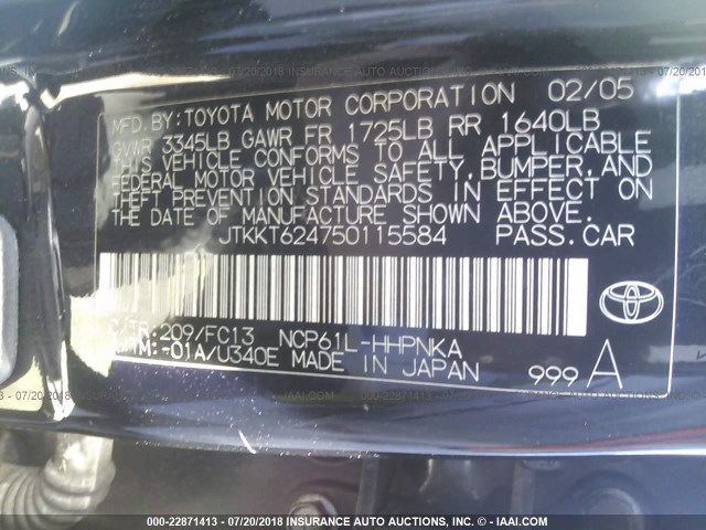 JTKKT624750115584 - 2005 TOYOTA SCION XA BLACK photo 9