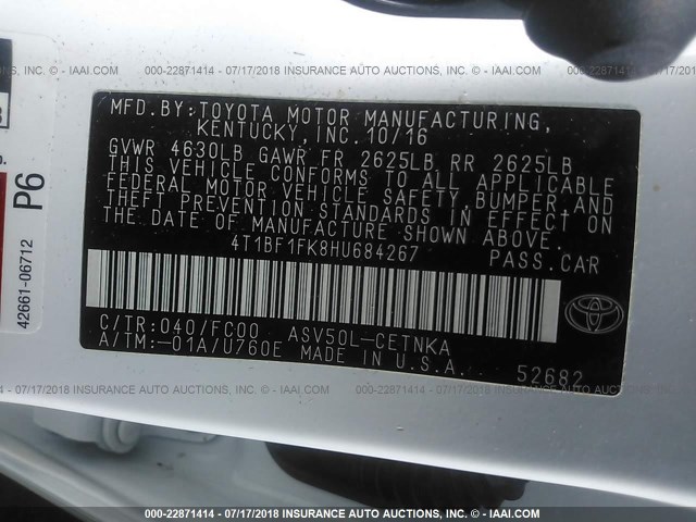 4T1BF1FK8HU684267 - 2017 TOYOTA CAMRY LE/XLE/SE/XSE WHITE photo 9