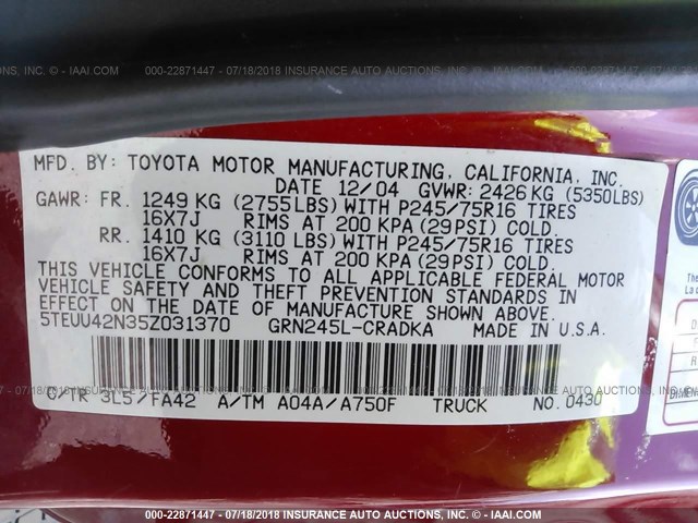 5TEUU42N35Z031370 - 2005 TOYOTA TACOMA ACCESS CAB Կարմիր լուսանկար 9