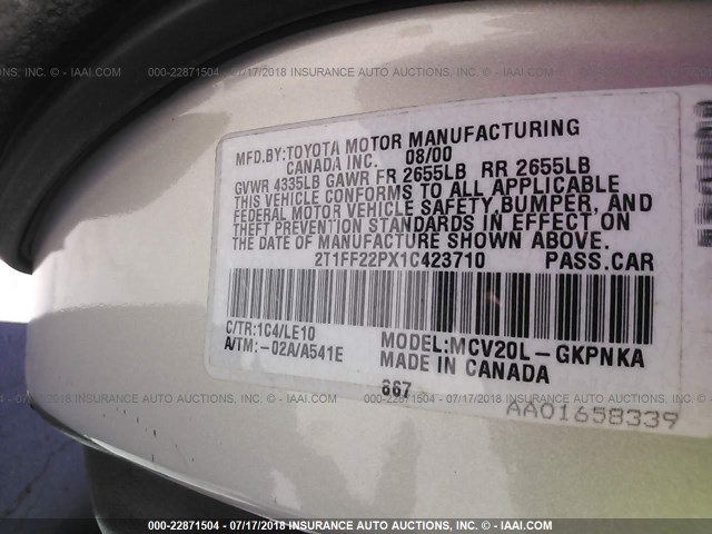 2T1FF22PX1C423710 - 2001 TOYOTA CAMRY SOLARA SE/SLE SILVER photo 9