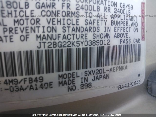 JT2BG22K5Y0389012 - 2000 TOYOTA CAMRY CE/LE/XLE GOLD photo 9