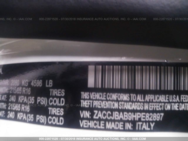 ZACCJBAB9HPE82897 - 2017 JEEP RENEGADE SPORT Սպիտակ լուսանկար 9