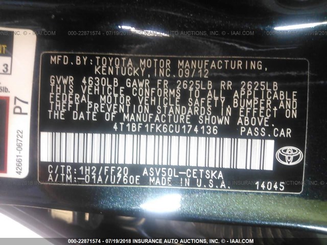 4T1BF1FK6CU174136 - 2012 TOYOTA CAMRY SE/LE/XLE BLUE photo 9