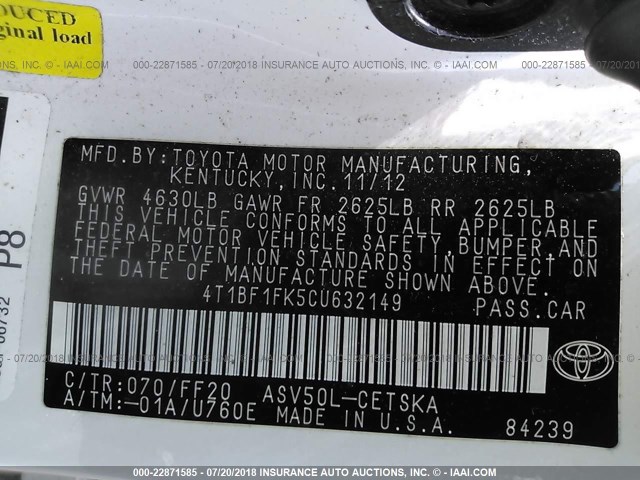 4T1BF1FK5CU632149 - 2012 TOYOTA CAMRY SE/LE/XLE WHITE photo 9