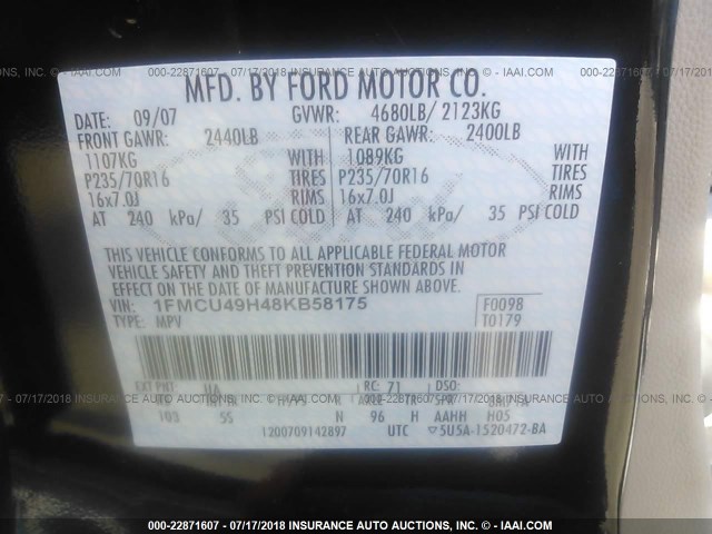 1FMCU49H48KB58175 - 2008 FORD ESCAPE HEV BLACK photo 9