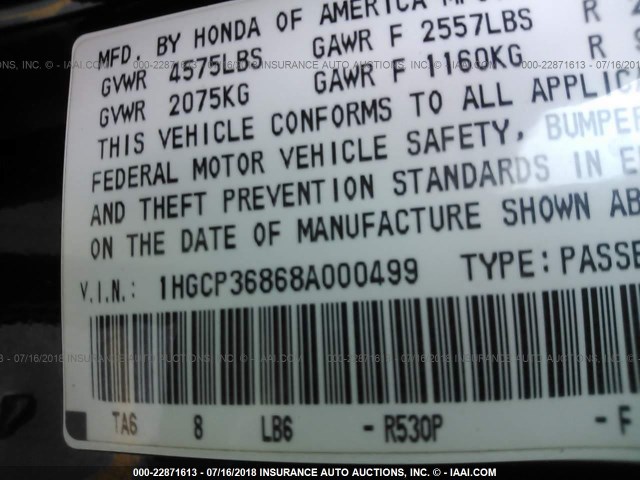 1HGCP36868A000499 - 2008 HONDA ACCORD EXL MAROON photo 9