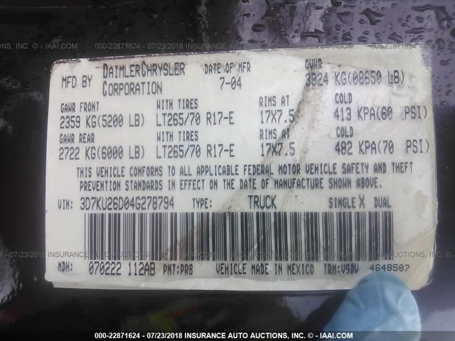 3D7KU26D04G278794 - 2004 DODGE RAM 2500 ST/SLT 勃艮第红 照片 9