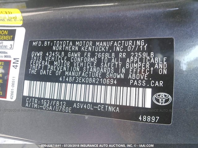 4T4BF3EK0BR210694 - 2011 TOYOTA CAMRY SE/LE/XLE GRAY photo 9