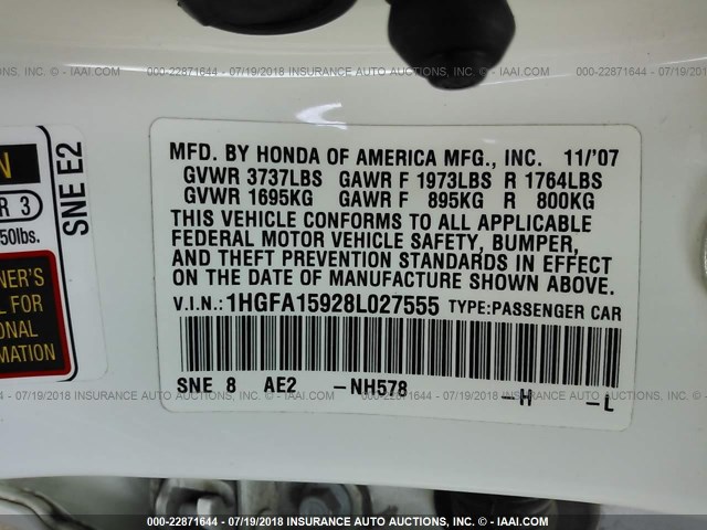 1HGFA15928L027555 - 2008 HONDA CIVIC EXL 白色 照片 9