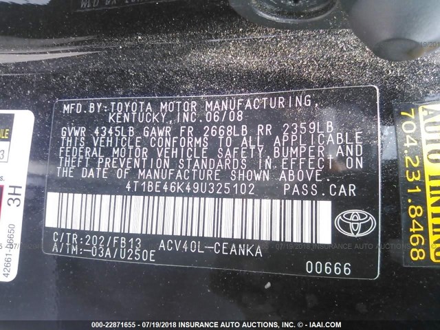 4T1BE46K49U325102 - 2009 TOYOTA CAMRY SE/LE/XLE BLACK photo 9