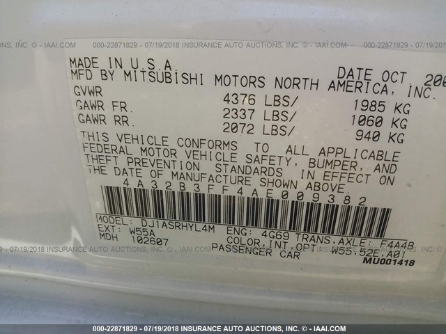 4A32B3FF4AE009382 - 2010 MITSUBISHI GALANT ES/SE WHITE photo 9