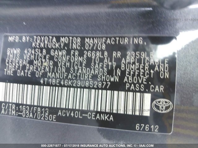 4T1BE46K29U852877 - 2009 TOYOTA CAMRY SE/LE/XLE GRAY photo 9