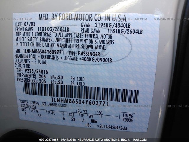 1LNHM86S04Y602771 - 2004 LINCOLN LS 奶油色 照片 9