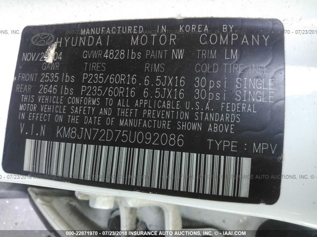 KM8JN72D75U092086 - 2005 HYUNDAI TUCSON GLS/LX WHITE photo 9