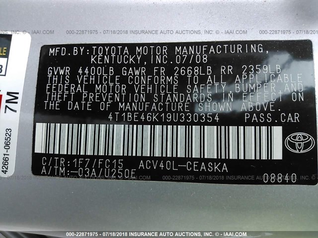 4T1BE46K19U330354 - 2009 TOYOTA CAMRY SE/LE/XLE SILVER photo 9