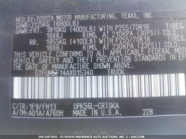 5TFUM5F14AX015340 - 2010 TOYOTA TUNDRA DOUBLE CAB SR5 GRAY photo 9