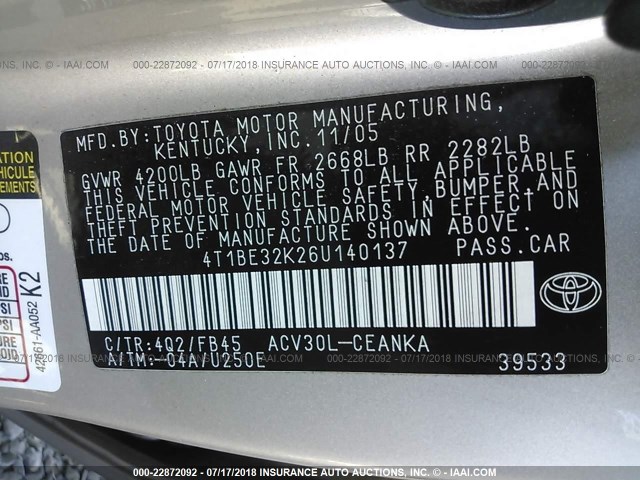 4T1BE32K26U140137 - 2006 TOYOTA CAMRY LE/XLE/SE Qızıl foto 9