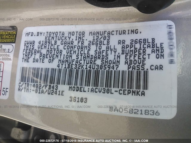 4T1BE32K14U305947 - 2004 TOYOTA CAMRY LE/XLE/SE TAN photo 9