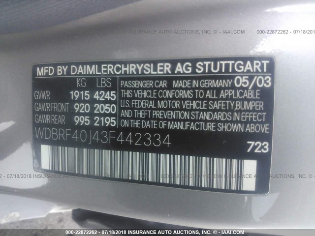 WDBRF40J43F442334 - 2003 MERCEDES-BENZ C 230K SPORT SEDAN SILVER photo 9