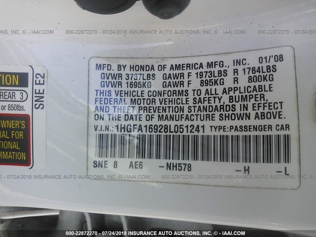 1HGFA16928L051241 - 2008 HONDA CIVIC EXL 白色 照片 9