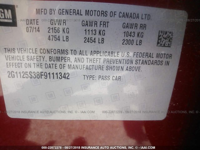 2G1125S38F9111342 - 2015 CHEVROLET IMPALA LT RED photo 9