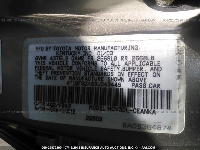 4T1BF32K63U043449 - 2003 TOYOTA CAMRY LE/XLE/SE 金色 照片 9